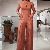 Fongt Summer Fashion Round Collar High Waist Solid Color Hollow Out Wide Leg Jumpsuit-Outfit