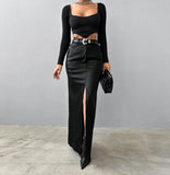 Fongt Women's Wear 2024 Leather Design Sense Open Fork Solid Color High Waist Simple Leather Slim Body Skirt-Outfit