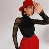 Fongt High Round Collar Mesh Stitching Long Sleeve Slim Solid Color Joined Female Support Board