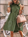 Fongt Summer Leisure Leisure Loose Sleeveless Pressure Pleated Stitching Solid Color Large Swing Round Collar