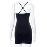 Sexy Hollow Out Mini Dress Summer Women Solid Color Chains Bodycon Sheath Black Dresses Sleeveless Party Club