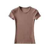 Summer New Women's Elastic Thread Solid Color T-Shirt Basic Short-Sleeved Large Round Neck Long Blouse-Outfit
