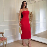 Fongt Summer New Knitted Sexy Coloring Fashion Holiday Beach Long Dress Women's Dress