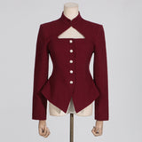 Fongt Sexy Wind Suit Jacket Female Autumn 2024 The New Standing Collar Hollow High Sense Long Sleeve Women's Small Suit-Outfit