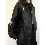 Vintage Embroidered Star Pu Leather Jacket-Outfit