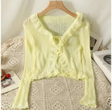 Ruffles Cardigan Slim Women Casual Transparent Sweater Shirts Lady Thin Solid Coats Female Crop Top-Outfit