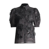 Fongt Temperament Elegant Wind Shirt 2024 Autumn New Nail Bead Three-Dimensional Flower Perspective Shirt Short-Sleeved Jacket Female-Outfit