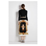 Fongt Suit Women's Collar Slim Thin Knitting Top Two Sets Of High-Waist Baroque Prints Half-Dress