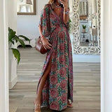 Fongt 2023 New Fashion V-Neck Short-Sleeved Loose Bohemian Side Slit Dress Print Dress-Outfit