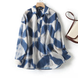 New Xiaoxiangfeng POLO Collar Blue Printed Long-Sleeved Shirt-Outfit