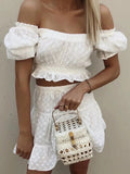 Fongt 2025 New Fashion Leisure Holiday Bubble Sleeve T-Shirt + White Embroidery Shorts Set For