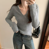 Lapel Folded Into Solid Color Long-Sleeved Knitted Sweater A New Style V-Collar Underwear In Autumn And