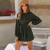 Chiffon solid color plus size loose simple lantern sleeve dress belt slim temperament women's clothing 2020