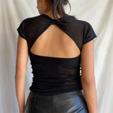 Fongt Summer New Women's Sexy Back V-Neck Solid Color Slim Slim Short-Sleeved T-Shirt