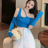 Long Sleeve Off-shoulder T-shirt Autumn Port Flavor Retro Tee Shirt Carefully Machine Design Tops-Outfit