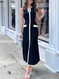 Fongt Ladies Knitted Jersey Dress Round Collar Sleeveless Button Slimming Dress