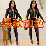 Fashion New Nightclub Hot Drill V Neck Long Sleeves Trousers Women's Two-Piece Set-Outfit