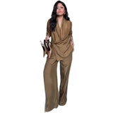 Fongt New Women's Long-Sleeved Folding Leisure Loose Broad-Legged Camel Suit