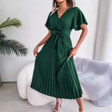 Explosion Real Shooting Spring And Summer Temperament Cross V Collar Big Swing 100-Fold Dress Women's