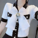 Knitted Diamonds Cardigan Chic Fashion Women V Neck Mesh Big Beaded Bownot Black Button Loose Sweater