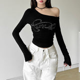 Fongt 2025 New Women's Clothing Sexy Hot Girl Slanted Shoulder Hot Diamond Body Slim Thin Irregular Top Woman