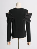 Fongt 2024 New Splice Bow Small Design Sense Black Long-Sleeved T-Shirt Female Careful Machine Off The Shoulder Coat-Outfit