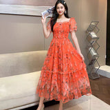Fongt Gentle Wind And Rags Retro Tea Chiffon Dress Female Waist Temperament Shoulder Bubble Sleeve Mesh Dress