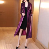 Fashion Glossy Trench Coat Women Spring Autumn Casual Purple Black Windbreaker Double-Breasted Solid X-Long Outerwear