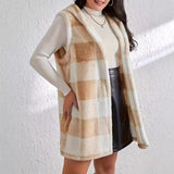 Fongt And Winter Fashion Burst Temperament Cardigan Two-Color Lattice Hooded Lady Plush Vest Coat Woman