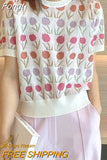 Summer Flower Ice Silk Short Sleeve Sweater Women Thin O Neck Top Knitted Pullover Female Korean Fashion Clothes Pull