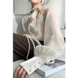 Women's Satin Blouses Stylish Big Bow Shirts 2023 Casual Puff Sleeve Female Solid Baggy Tunic