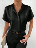 Women's Dress Solid Color Satin Short-Sleeved Shirt With Shoulder Collar Short-Sleeved Shirt Satin Shirt-Outfit