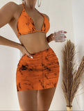 2022 New Marble Printed Mesh Three-Piece Short Skirt Swimsuit