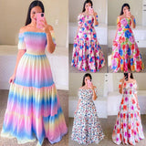Fongt New Spring And Summer Women's Dress A Word Broken Shoulder Long Printed Fairy