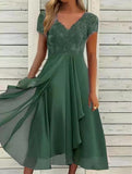 Fongt Station Dress Female Chiffon Stitching V-Neck Lace Dress Bridesmaid Evening Dress