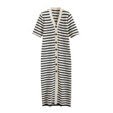 Women's Wear 2023 Summer New Striped Comfortable Button V-Collar Medium-Length Dress-Outfit