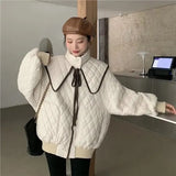 Sweet Warm Cotton Coats Women Cute Turndown Collar Loose Casual Padded Jacket Solid Color Single Breasted Office Clothes-Outfit
