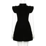 Ruffle Sleeve High Neck Velvet Black Mini Dress-Outfit