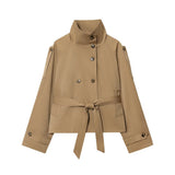 Fongt Women's Fashion Trench Coat Women's Double Buckle Stand-In Autumn Long-Sleeved Waist Jacket Jacket