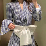 Houndstooth Stylish Bow Sashes Jumpsuits Spring Autumn Female Commute High Waist Vintage Tailored Collar Shorts Rompers-Outfit