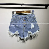 Summer New High Waist Hole Breasted Denim Shorts Female Show Thin Korean Version Of Wide Leg Pants Edge A Word Sexy Hot Pants-Outfit