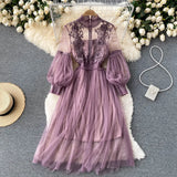 Industry Three-Dimensional Flower Net Gauze Temperament Standing Collar Lantern Sleeves High Waist Show Thin Sling Two Set Fairy Dress-Outfit
