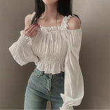 Fongt Summer Korean Chic French Style Collar Small Design Feel Folded Bubble Sleeve Short Shirt Top