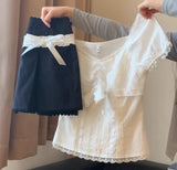 Lace Fungus Slim Fit Short Sleeve Tops Women+ Y2k High Waist Bow Patchwork Skirts 2024 Summer New Two Piece Sets-Outfit
