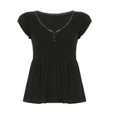 Fongt Style Lace Splicing V-Neck Buckle Pure Desire Short-Sleeved T-Shirt Hottie Waist-On-Wear Shirt Top