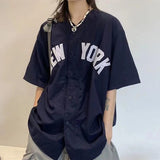 vintage letter print shirts baseball cardigan khaki navy short sleeve tops summer casual teenage blouses harajuku 2023-Outfit