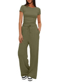 Fongt Suit Folding 2025 New Solid Short-Sleeved Top High-Rise Broad Leg Pants Sportswear
