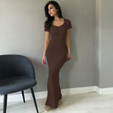 Fongt Summer New Women's Solid Color Temperament U Collar Short Sleeve Slim Long Dress