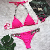 Fongt 2023 New Crystal Diamond Women's Swimsuit Plain Strap Sexy Backless Bikini