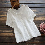 Vintage Women Lace Crochet Blouse Summer Short Sleeve Hollow Out Tunic Tops Solid Embroidery Shirt Casual Blusas